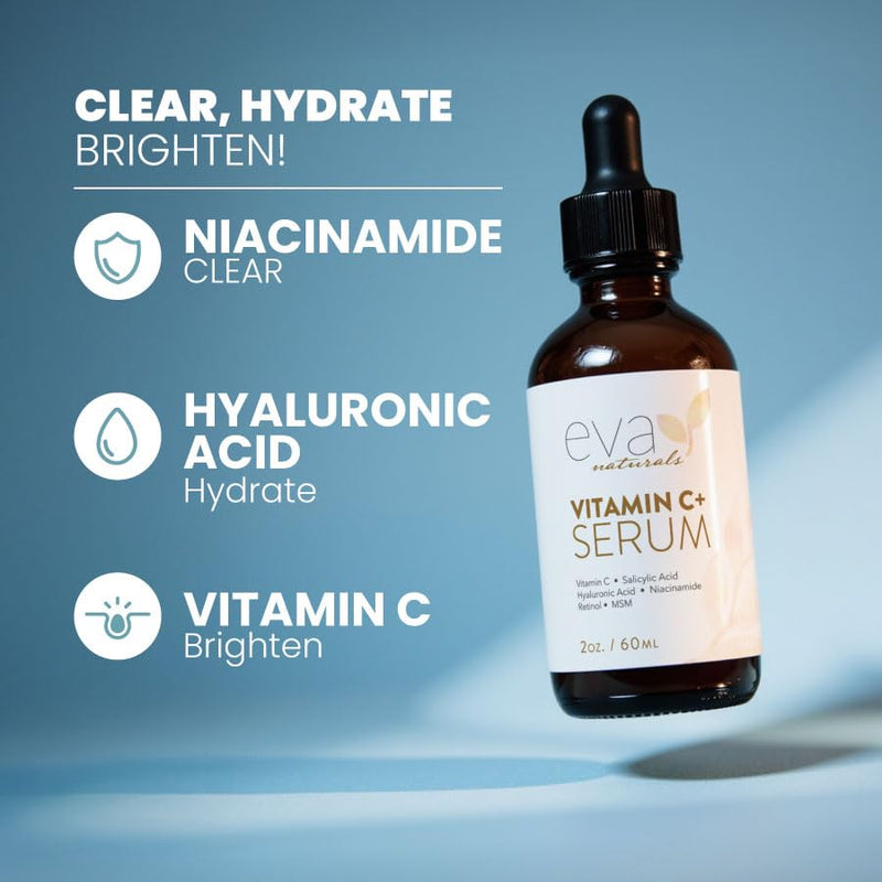Eva Naturals Vitamin C Serum Plus with Hyaluronic Acid & Retinol, 2 oz | Niacinamide, salicylic acid, hydrating, skin-smoothing formula Regular 2 Fl Oz (Pack of 1)
