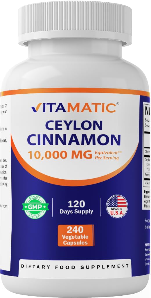Vitamatic Ceylon Cinnamon 10000 mg Equivalent Per Serving (from 20:1 Extract 500 mg) with Berberine & Chromium - 240 Vegetable Capsules - Non-GMO & Gluten Free