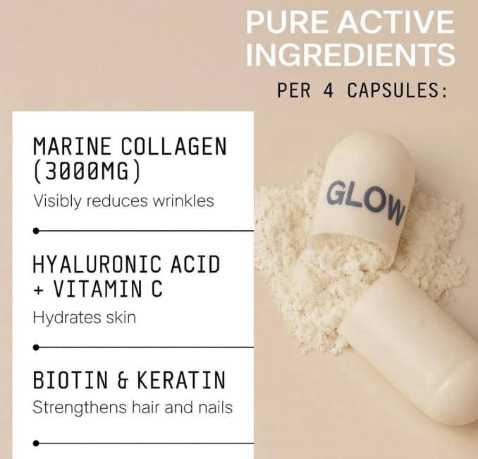 Glow Complex™ | 11-in-1 Marine Collagen Supplements 3000mg + Hyaluronic Acid, Biotin, Vitamin C, Keratin & Zinc | Hair, Skin & Nail Hydrate Supplement for Women | 120 Capsules (4-Week Supply)