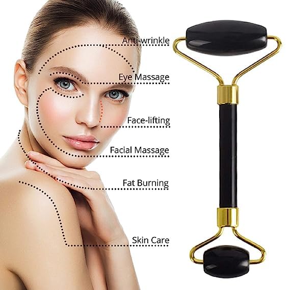 Black Obsidian Jade Facial Roller & Gua Sha Set 100% Natural Source from Highest Altitude of Himalayan Two-Sided Face Neck Massager Stone Beauty Tool Black Obsidian