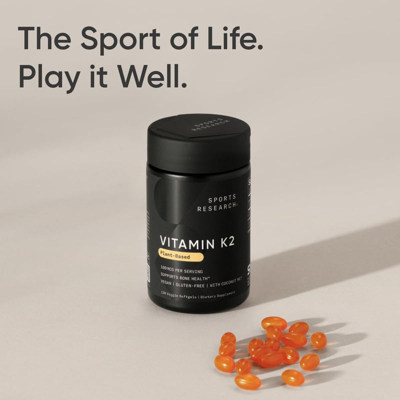 Sports Research® Vitamin K2 (MK-7) 100mcg w/Coconut MCT Oil, 120 Count | Vegan K2 from Chickpea | Supports Strong Bones | Vegan Certified, Non-GMO Verified, Gluten & Soy Free 120 Count (Pack of 1)