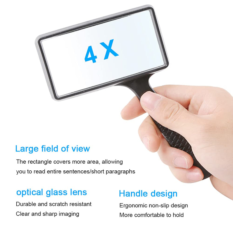 Hand-held Rectangular Magnifying Glasses - 4X Magnification Magnifier 100x50MM Large Area High-definition Glass Lens no Distortion suitable For Reading the Elderly perfect Low Vision Aid
