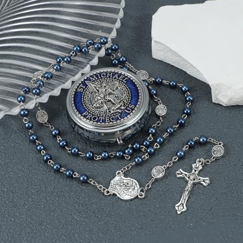 Saint Michael the Archangel Blue Pearl Beads Catholic Rosary Necklace