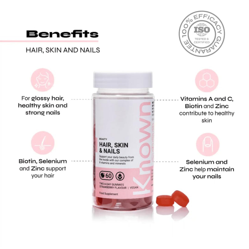 Hair, Skin & Nails Vitamin Gummies by Known | 60 Two-a-Day Vitamin Gummies (One Monthís Supply) | Natural Botanical Extract | for Healthy Hair, Skin & Nails | Strawberry Flavoured Gummies (Pack of 1) 60 Count (1 Month Supply)