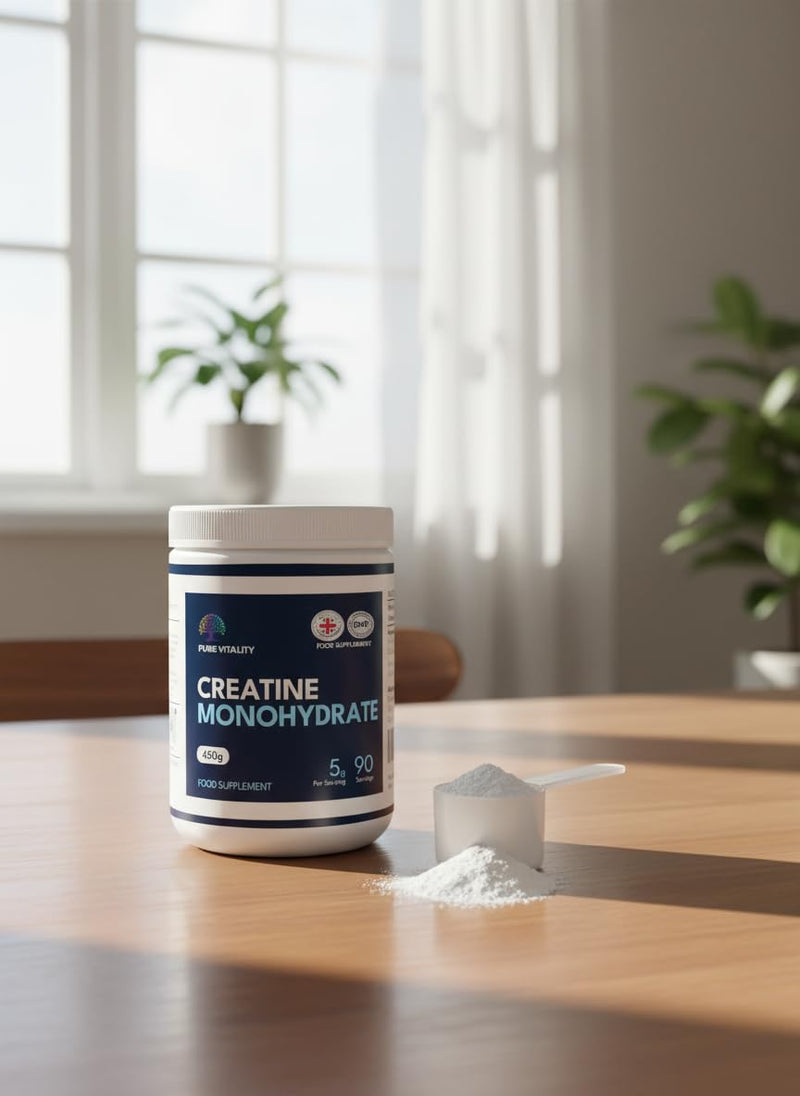 Pure Vitality | Creatine Monohydrate Powder - 450g - Easy Dissolve Creatine Powder, Unflavoured & Micronised | Vegan Creatine for Women and Men | Made in THE UK | Scoop Included