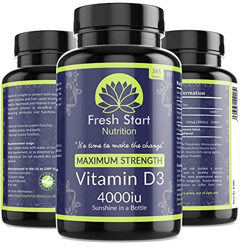 Vitamin D 4000 iu High Strength Premium Vitamin D3 Immune Support Tablets - 1 Year Supply Vegetarian Tiny Vitamin D3 4000iu Pills - VIT D Supplement Cholecalciferol - UK Made Fresh Start Nutrition