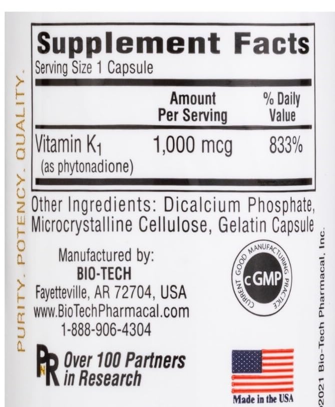 [Australia] - Bio-Tech Pharmacal K1-1000 (Vitamin K1) 100 Capsules - 3 Pack 