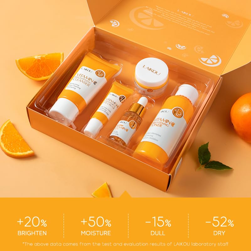 LAIKOU Vitamin C Skin Care, Skin Care Set Beginner Kit TSA-friendly 5pcs | Cleanser, Toner, Serum, Eye Cream, Face Cream for Women Teen Girls Mom Daughter Mother's Day Christmas Birthday