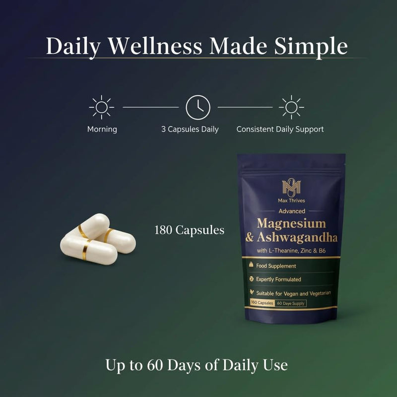 Magnesium Glycinate 5 in 1 Complex - Magnesium Supplement with Ashwagandha, L-Theanine, Zinc & Vitamin B6 – 180 Vegan Capsules – High Strength Magnesium Complex - Muscle Function & Nervous System