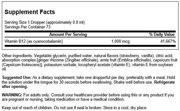 Swanson Vitamin B-12 Sublingual 1,000 mcg, 2 fl oz (59 ml) | Essential for the Normal Formation of Blood Cells, Contributes to Nervous System Health and Aids Energy Metabolism