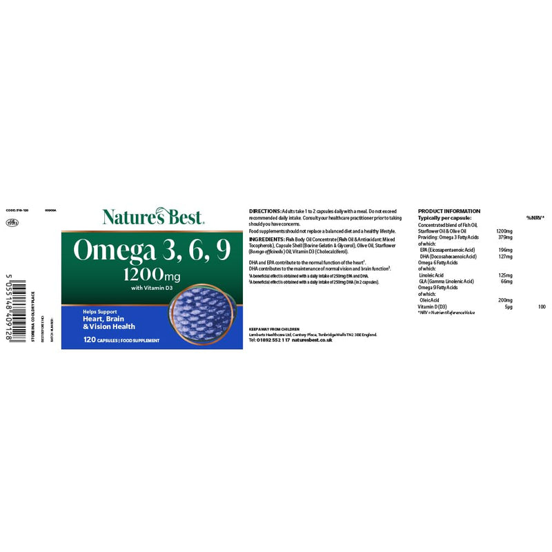 Nature's Best Omega 3, 6, 9 with Vitamin D3-1-2 Daily - UK Made - 120 Capsules (3+ Months' Supply)