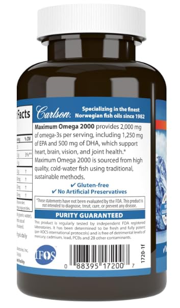 Maximum Omega 2000, 2000 mg Omega-3 Fatty Acids Including EPA and DHA, Wild-Caught, Norwegian Fish Oil Supplement, Sustainably Sourced Fish Oil Capsules, Lemon, 60 Softgels