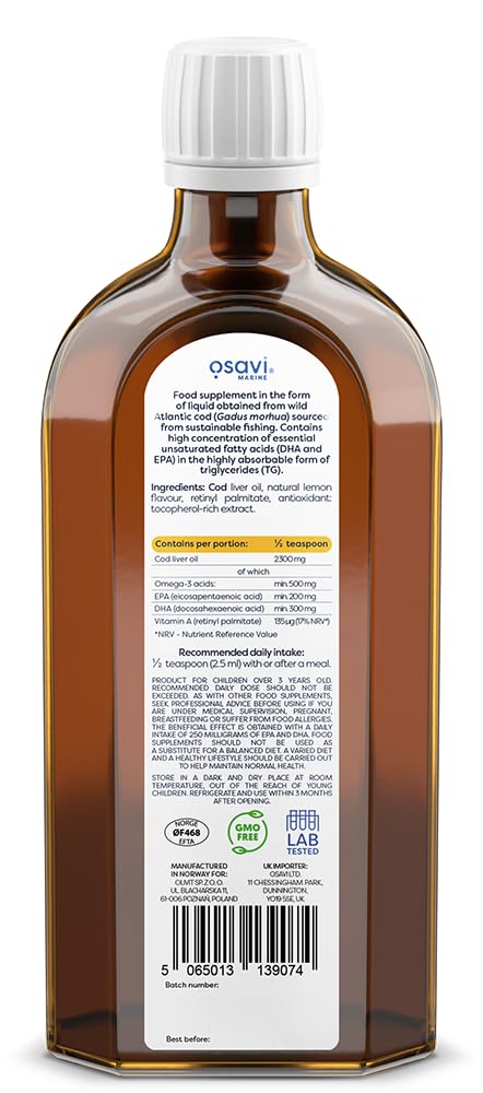 Osavi Norwegian Cod Liver Oil Kids – 250 ml | 500 mg Omega–3| Supports Brain Function, Vision, Heart Health, Immune System | Includes 135 µg Vitamin A | Lemon Flavour | Made in Norway
