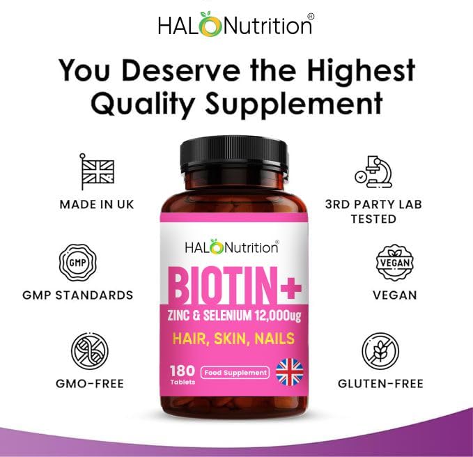 Hair Skin and Nails Vitamins with Biotin, | Biotin Hair Growth | Zinc and Selenium | 180 Vegetarian Tablets | Beauty Supplement for Women and Men | Halal Vitamins |- UK Made By Halo Nutrtion