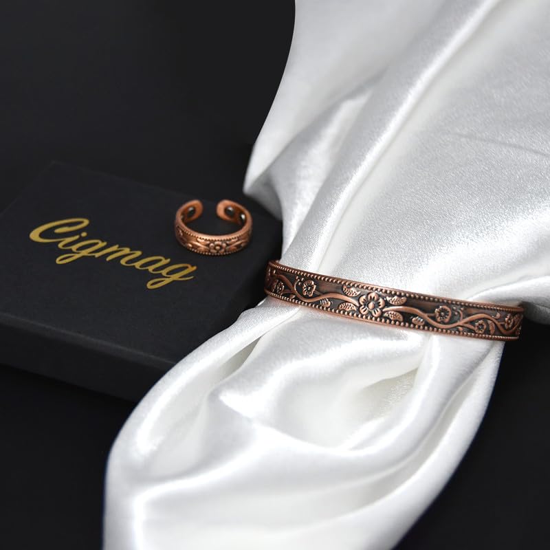 Copper Bracelets for Women and Copper Ring 99% Pure Copper Ring Bracelet Adjustable Size Bangle Christmas Gift Set (Copper) 9x Copper Plum+4x