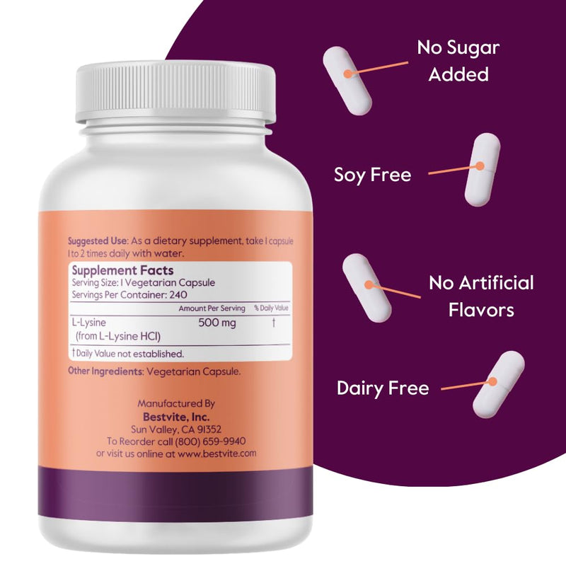 [Australia] - BESTVITE L-Lysine 500mg per Capsule (240 Vegetarian Capsules) - No Stearates - No Fillers - No Flow Agents - Vegan - Non GMO - Gluten Free - No Stearic Acid - No Dicalcium Phosphate 