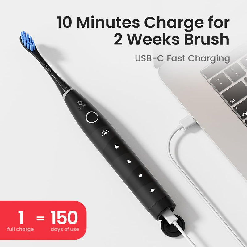 Oclean Electric Toothbrush for Adults, 150 Days Battery Life Electric Toothbrush, USB Rechargeable Sonic Travel Toothbrush with 6 Brush Heads & Travel Case, 5 Modes and Smart Timer Black
