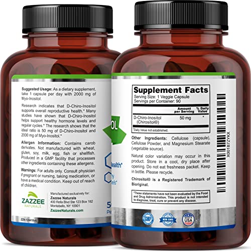 Zazzee 40:1 Ratio Myo and D-Chiro Inositol Supplement for Women | Myo Inositol Capsules Plus D-Chiro for Cycle Regulation Ovarian Support & Overall Hormone Balance for Women - Vegan & ISO Lab Tested