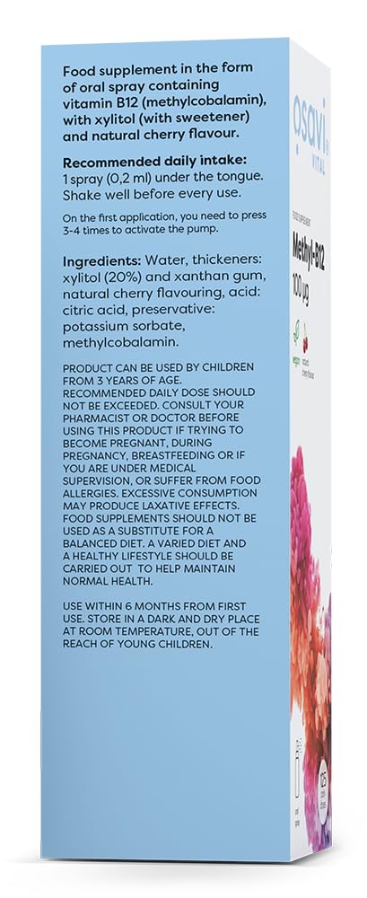 Osavi Methyl–B12, 100 µg – 25 ml Oral Spray | Cherry Flavor | Supports Nervous System & Immune Function | Vitamin B12 for Energy Metabolism | Reduces Fatigue & Supports Red Blood Cell Formation