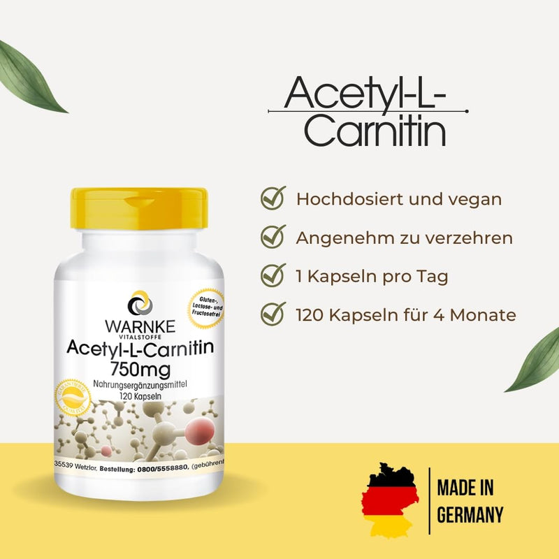 [Australia] - Acetyl-L-Carnitine capsules - 750mg - 120 capsules - high dosage - vegan | Warnke vital substances - German pharmacy quality 