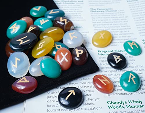 Crocon Assorted Onyx Crystal Rune Stone 25 pcs with Elder Futhark Alphabet Handmade- Mix Colors
