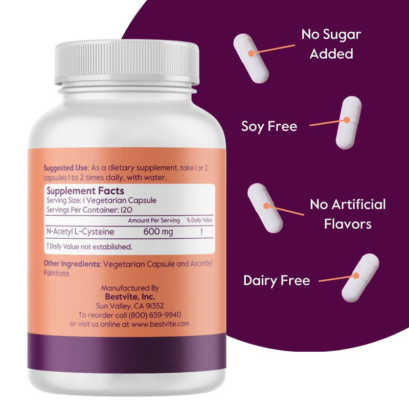[Australia] - BESTVITE N-Acetyl Cysteine 600mg (NAC) (120 Vegetarian Capsules) - No Stearates - Vegan - No Fillers - No Silica - No Gelatin - Gluten Free - Non GMO 120 Count (Pack of 1) 