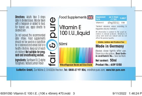 [Australia] - Fair & Pure® - Vitamin E oil 100 IU - 50ml - as D-alpha-tocopherol with lemon oil - vegan - Vitamin E drops - for internal and external use 