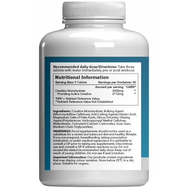 Creatine Monohydrate 3000mg | Support Strength, Muscle Power & Performance | 100% Micronised & Fast Absorbing | Vegan & Vegetarian Friendly | 180 Tablets = 2 Months’ Supply | Made in the UK