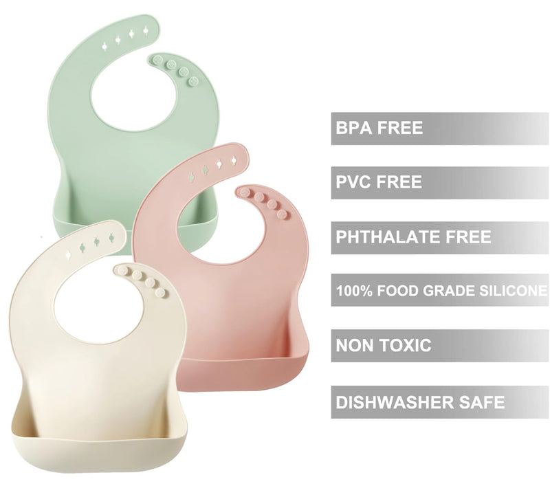 [Australia] - PandaEar Silicone Baby Bibs Set of 3 for Babies & Toddlers, BPA Free Waterproof Adjustable Feeding Bib with Large Pocket Food Catcher 