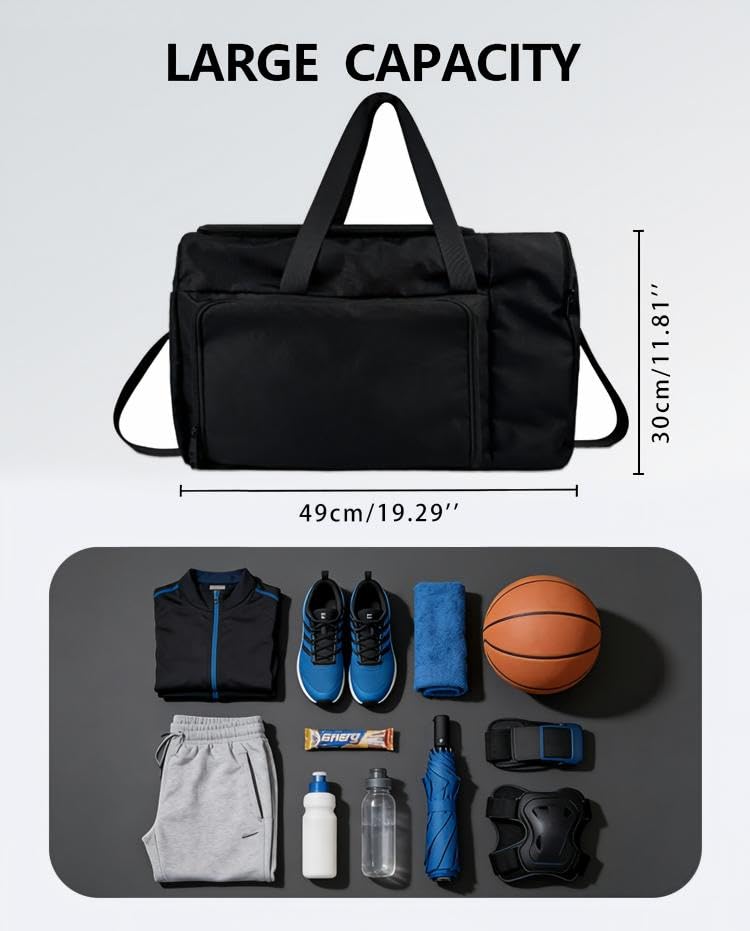 SSZYace Black Travel Bag, Waterproof Duffel Bag with Separate Shoe Compartment, Laptop Sleeve, Luggage Strap & Front Waterproof Pocket for Wet Clothes