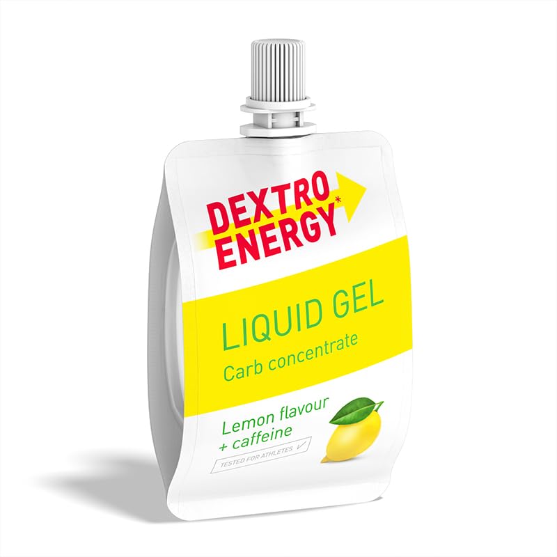 Dextro Energy Lemon Energy Gel | Non-Sticky Fast Acting Drinkable Liquid Energy | a Quick Burst of Glucose with Caffeine | 28g of Carbohydrates | for Running or Cycling | Vegan I Pack of 12 Lemon and Caffeine Energy Gel
