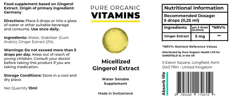Pure Ginger Liquid Supplement – 10ml Bottle – 40-Day Supply – Swiss Made – Smart Liquid Extract – for Digestion, Immunity, Natural Energy, Gut Health and Inner Balance – Micelle Powered