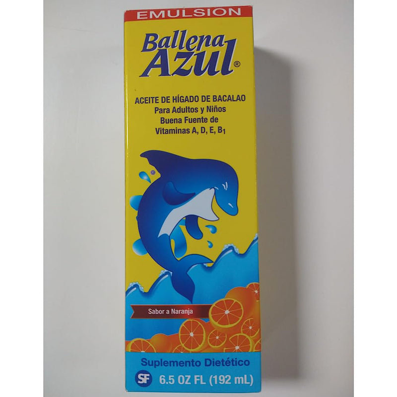Ballena Azul Aceite de Hígado de Bacalao para Adultos y Niños, COD Liver Oil for Adults and Children, Good Source of Vitamins A,D,E, B1, Omega 3, Orange Flavor