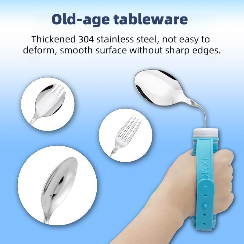 [Australia] - Tremors Elderly Assistance Products,Spoon and Fork Three Piece Set,Handicap Accessories for Daily Living,Adaptive Equipment with Blue Handle Belt,Aids for Living,Eating Utensils Sets. Spoon fork(Blue) 