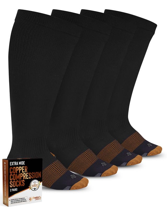 Doctor's Select Copper Plus Size Compression Socks Wide Calf - 2 Pairs | 20-30mmHg Extra Wide Calf Compression Socks Women | Copper Socks for Swelling, Varicose Veins | Extra Wide Calf Compression Socks | Black Wide Compression Socks for Women & Men