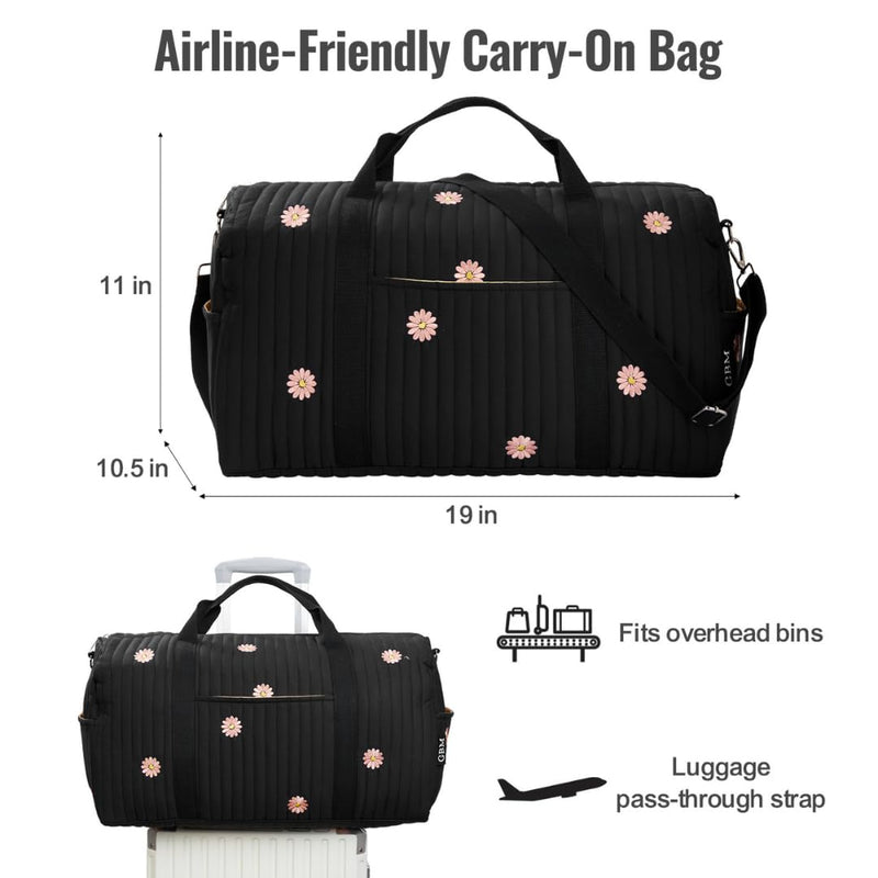 Women’s Travel Duffel Bag – Large Weekender & Overnight Travel Bag with Wet Pocket, Carry-On Friendly, Ideal as Hospital or Maternity Bag for Labor and Delivery Large - Black Flowers