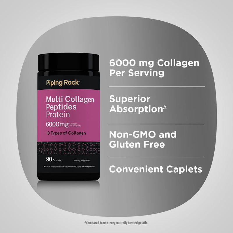 Piping Rock Multi Collagen Peptides 6000mg | 90 Caplets | 10 Types of Collagen with Protein | Non-GMO, Gluten Free