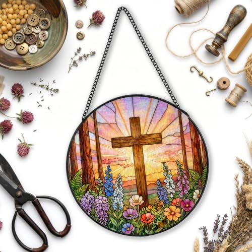 Christian Cross Stained Glass Window Hanging 5.9x5.9in Crucifix