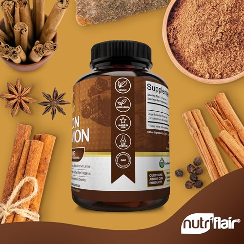 NutriFlair Organic Ceylon Cinnamon Supplement 1200mg, 120 Capsules - USDA Certified - Non-GMO, Gluten Free Powder, Antioxidant Pills 120 Count (Pack of 1)