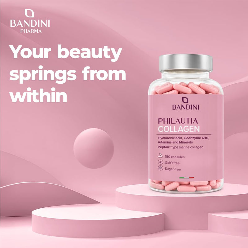 Bandini® Collagen Peptan® and Hyaluronic Acid 180 Capsules + Vitamin C, Biotin, Zinc, Coenzyme Q10 and Selenium, 1000mg Collagen Marine Hydrolysate Type 1 — Elasticity of Skin, Joints and Bones