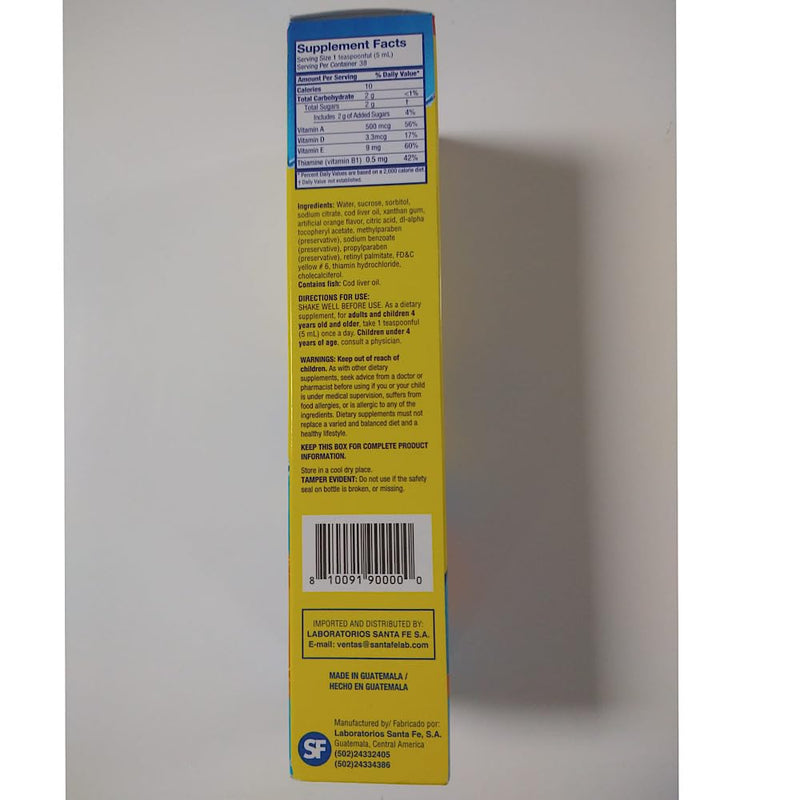 Ballena Azul Aceite de Hígado de Bacalao para Adultos y Niños, COD Liver Oil for Adults and Children, Good Source of Vitamins A,D,E, B1, Omega 3, Orange Flavor