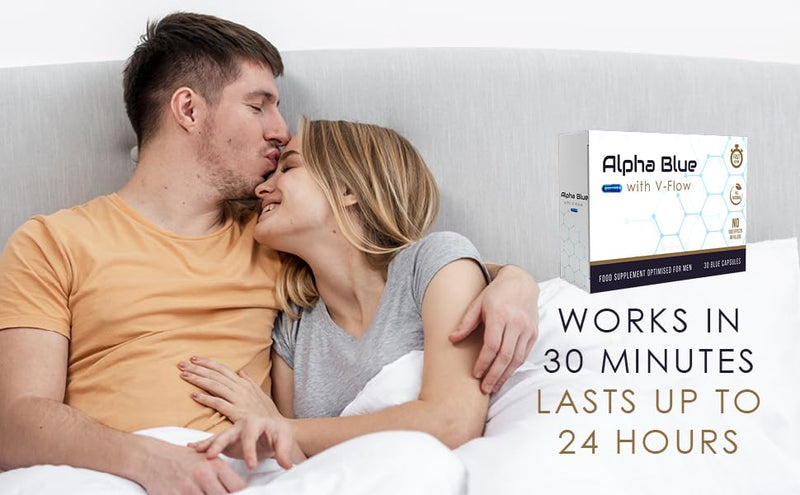 Alpha Blue with V Flow | Optimised for Men | 30 Capsules | Fast Acting | All Natural | No Side Effects or Fillers | Ginseng | Ashwagandha | Maca | Ginger | V Pill 30 count (Pack of 1)