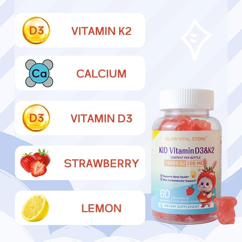 Kids Vitamin D3 + K2 Gummies – 10000 IU D3 & 200 mcg K2 – Bone, Teeth & Heart Support – Strawberry & Lemon – Vegan, Non-GMO, Allergen-Free – 60 Chewables by Glow Vital Store (1) 1
