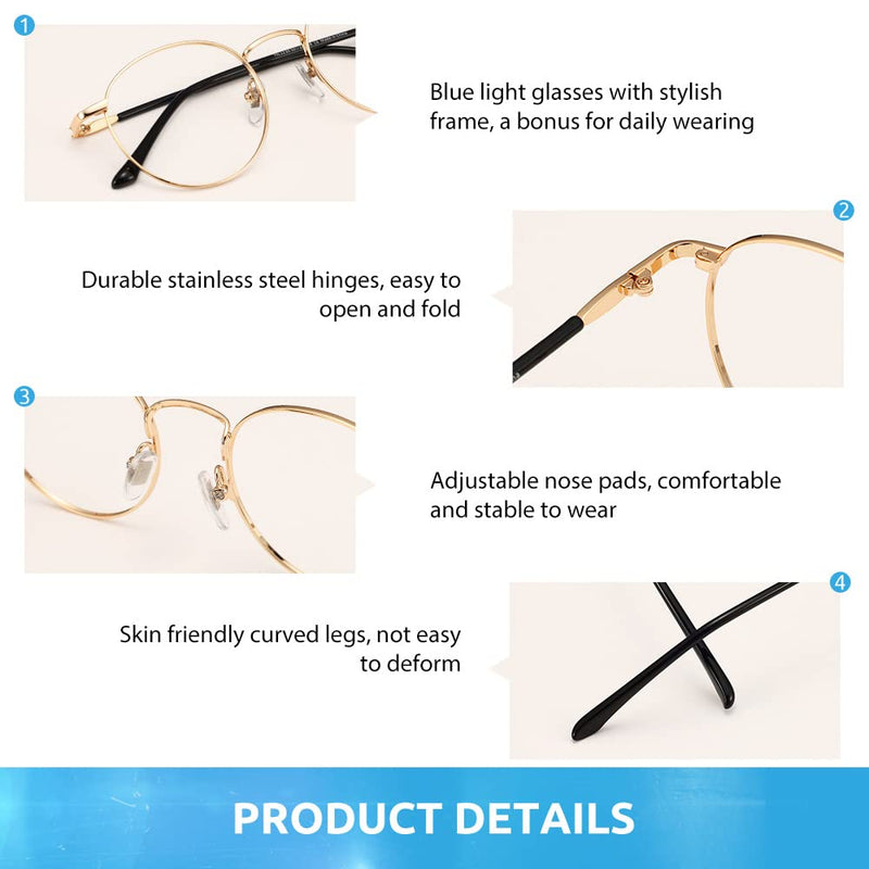 [Australia] - Firmoo Blue Light Filter Glasses Women Men Round Anti Blue Light Computer Glasses without Prescription for PC/Mobile Phone/TV Anti Eye Fatigue Gold 0.0x 