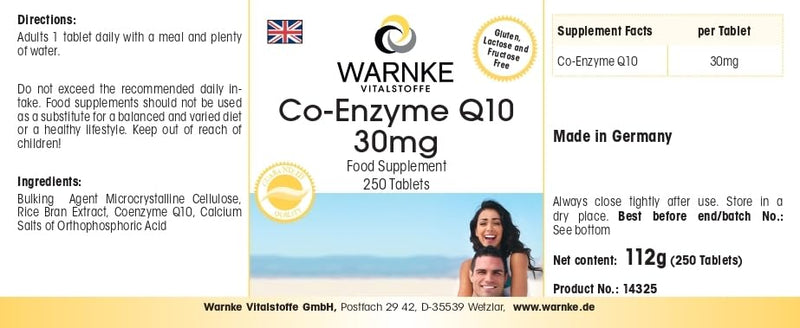[Australia] - Coenzyme Q10 30mg - 250 tablets - CoQ10 tablets - vegan - bulk pack | Warnke vital substances - German pharmacy quality 