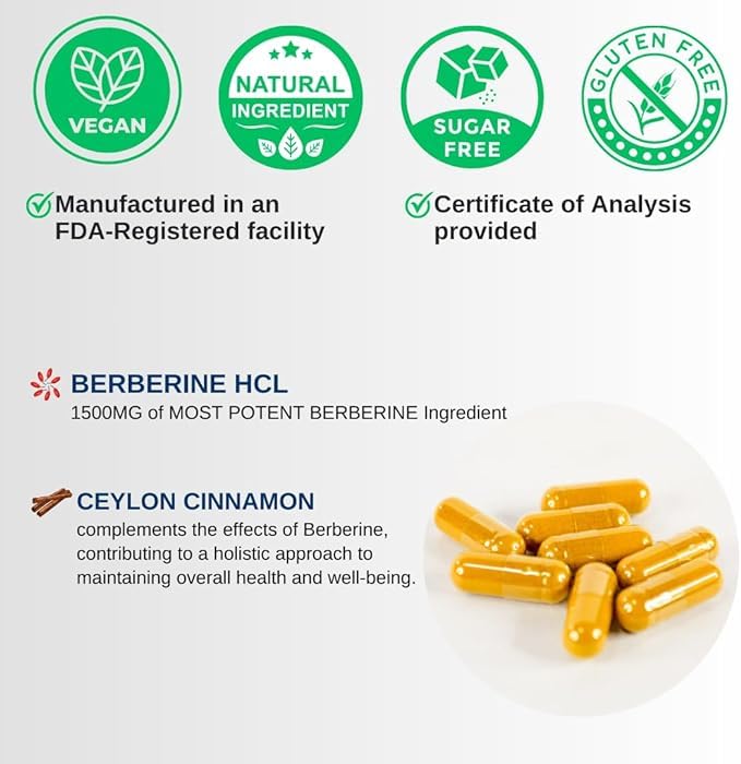 [Australia] - Berberine 1500mg with Ceylon Cinnamon - USA MADE & TESTED - Max Potency Berberine Supplement with Berberine HCL - Immune System - 90 capsules 