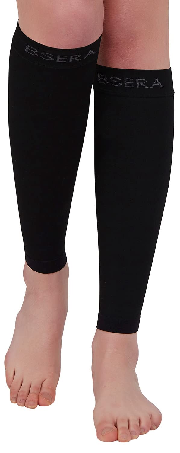 BSERA Calf Compression Sleeve Women, 2 Pairs 15-20mmHg Calf Support Footless Compression Socks Stockings for Shin Splints, Varicose Veins, Recovery (Black, Medium) Black 2 Pairs Medium(Calf 13"-15")