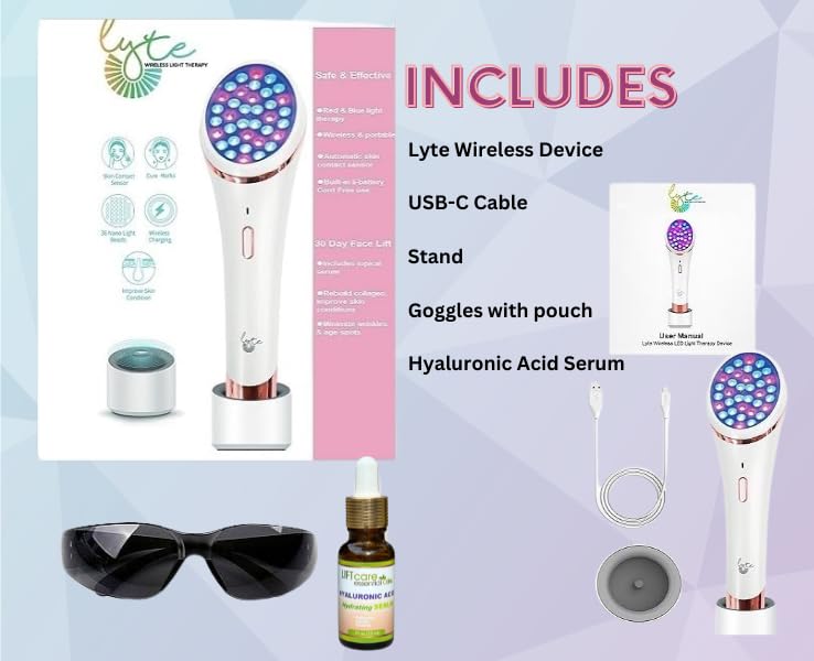 [Australia] - Lyte Wireless Dual Red & Blue LED Light Therapy for Face Includes Hyaluronic Serum Automatic Contact Sensor 2-in-1 Blue and Red LED Light Therapy for Face Wrinkle Reduction Device 