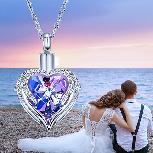 shajwo Angel Wing Heart Urn Necklace for Ashes Silver-Purple