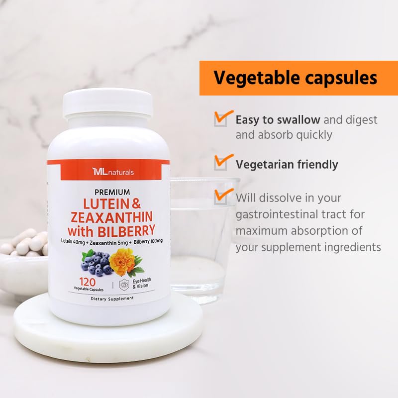 [Australia] - ML Naturals Premium Lutein & Zeaxanthin with Bilberry 120 Vegetable Capsules. Lutein 40 mg, Zeaxanthin 5 mg, and Bilberry 100 mg. Premium Quality. Healthy Eyes & Vision, NSF-Certified & cGMP-Compliant 120 Count (Pack of 1) 